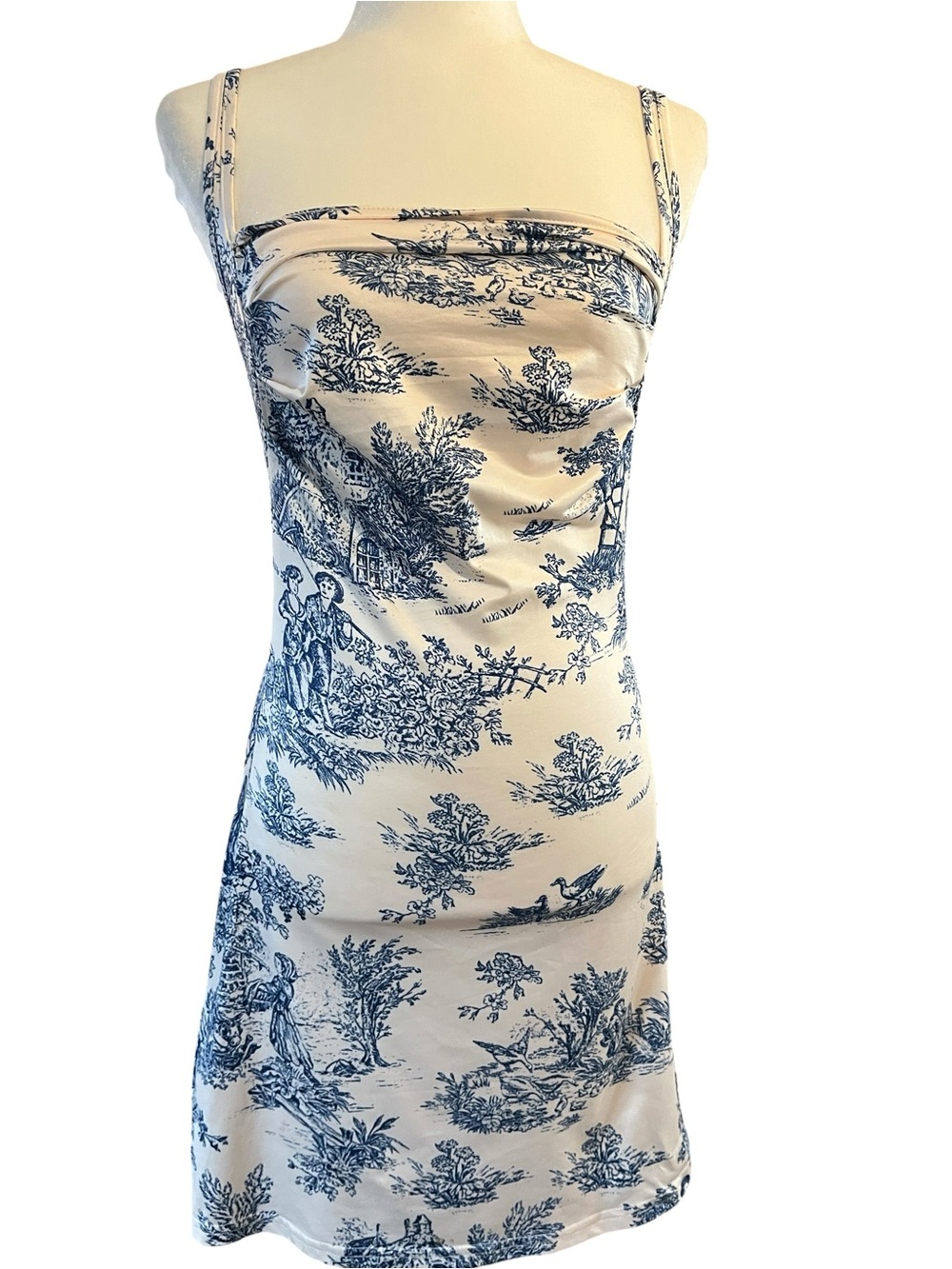 Cider White and Blue Mini Dress with Blue Toile Print Size Small